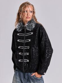 ACID BLVD Autumn/Winter Y2K Street Style Leopard Print Fur Collar Napoleon Military Style Cross Embroidery PU Leather Women's Cotton Padded Coat - Black - View 7