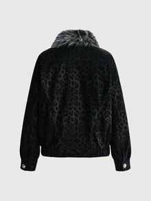ACID BLVD Autumn/Winter Y2K Street Style Leopard Print Fur Collar Napoleon Military Style Cross Embroidery PU Leather Women's Cotton Padded Coat - Black - View 12
