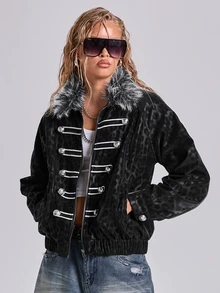 ACID BLVD Autumn/Winter Y2K Street Style Leopard Print Fur Collar Napoleon Military Style Cross Embroidery PU Leather Women's Cotton Padded Coat - Black - View 1