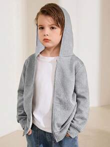 Kids Tween Boy Casual Daily Versatile Comfortable Colorblock Hooded Long Sleeve Open Front Knit Jacket Suitable For School, Garden, Beach, Birthday, Spring, Summer, Fall, Winter - Grey - View 1