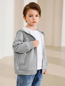 Kids Tween Boy Casual Daily Versatile Comfortable Colorblock Hooded Long Sleeve Open Front Knit Jacket Suitable For School, Garden, Beach, Birthday, Spring, Summer, Fall, Winter - Grey - View 6