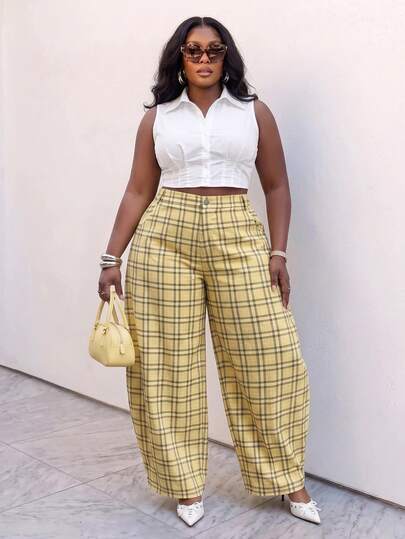Slaydiva Spring/Autumn New Y2K Music Festival Hot Girl Back To School Casual Streetwear American Vintage Brunch Friends Gathering Loose Yellow Plaid Curved Leg Pants Extra Long With Pockets Women Plus Size -A