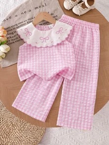 SHEIN Vintaside Kids 2件組少女甜美可愛公主風草莓印花無袖背心搭配長褲套裝 粉色條紋 3D草莓 夏季 - 粉色 - 查看 9