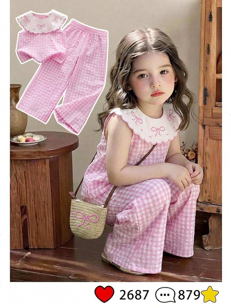 SHEIN Vintaside Kids 2件組少女甜美可愛公主風草莓印花無袖背心搭配長褲套裝 粉色條紋 3D草莓 夏季 - 粉色 - 查看 1