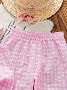 SHEIN Vintaside Kids 2件組少女甜美可愛公主風草莓印花無袖背心搭配長褲套裝 粉色條紋 3D草莓 夏季 - 粉色 - 查看 7