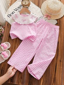 SHEIN Vintaside Kids 2件組少女甜美可愛公主風草莓印花無袖背心搭配長褲套裝 粉色條紋 3D草莓 夏季 - 粉色 - 查看 3