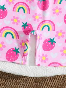 SHEIN 1pc Long Sleeve One-Piece Swimsuit, Cute Strawberry Rainbow Print Rash Guard, Sun Protection Summer Young Girls Beach Wear, Pink Mermaid - Multicolor - View 6