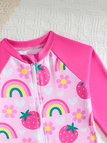 SHEIN 1pc Long Sleeve One-Piece Swimsuit, Cute Strawberry Rainbow Print Rash Guard, Sun Protection Summer Young Girls Beach Wear, Pink Mermaid - Multicolor - View 5