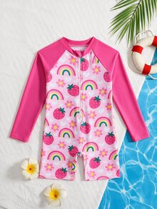 SHEIN 1pc Long Sleeve One-Piece Swimsuit, Cute Strawberry Rainbow Print Rash Guard, Sun Protection Summer Young Girls Beach Wear, Pink Mermaid - Multicolor - View 2