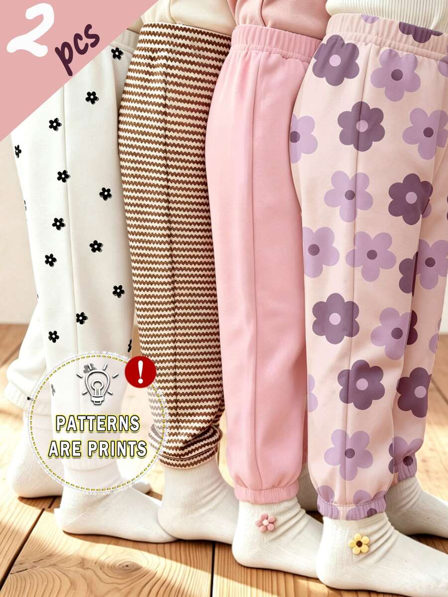 Celana Jogger Motif Bunga dan Garis untuk Bayi Perempuan, Putih/Cokelat/Merah Muda/Lavender, 2 Potong untuk Musim Gugur dan Musim Dingin - MultiWarna - View 1
