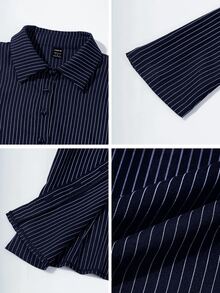 SHEIN 女式线条印花简约休闲长袖衬衫 - 寶藍色 - 查看 10