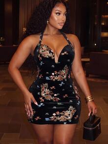 Slaydiva Autumn New Arrival, Suitable For Music Festivals, American Retro Sexy, Street, Hot Girl, Party, Holiday, Bar And Other Occasions, Chinese Retro Dragon Pattern Plus Size Mini Dress For Women - Black - View 5
