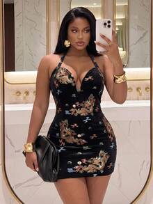 Slaydiva Autumn New Arrival, Suitable For Music Festivals, American Retro Sexy, Street, Hot Girl, Party, Holiday, Bar And Other Occasions, Chinese Retro Dragon Pattern Plus Size Mini Dress For Women - Black - View 2