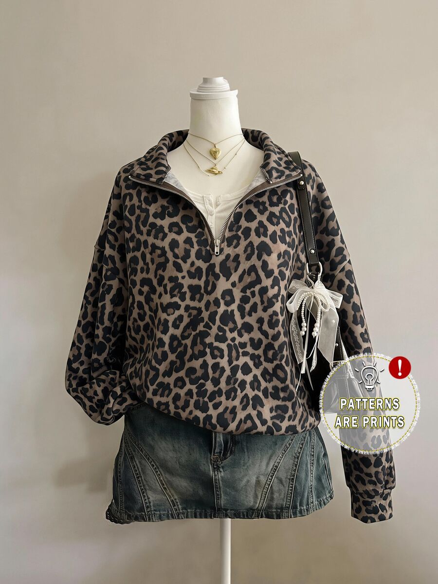 SHEIN EZwear 女款經典灰色豹紋半拉鍊運動衫,棕色調,秋季休閒街頭風,Y2K復古風,日常外出度假穿搭 - 彩色 - 查看 1