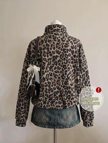 SHEIN EZwear 女款經典灰色豹紋半拉鍊運動衫，棕色調，秋季休閒街頭風，Y2K復古風，日常外出度假穿搭 - 彩色 - 查看 2