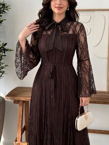 Modelyn Elegant Solid Color Lace Tie Collar Long Sleeve Waist Belt Cinched A-Line Regular Fit Plus Size Dress For Spring And Autumn - Coffee Brown - View 1