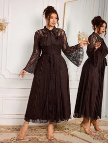 Modelyn Elegant Solid Color Lace Tie Collar Long Sleeve Waist Belt Cinched A-Line Regular Fit Plus Size Dress For Spring And Autumn - Coffee Brown - View 4
