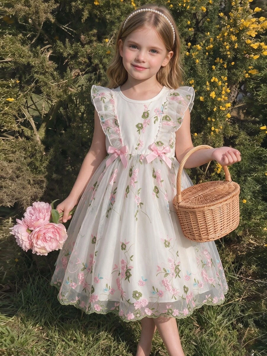 SHEIN X GALILEA Glamorique Kids 年轻女孩连衣裙，春假年轻女孩服装复活节连衣裙年轻女孩花连衣裙年轻女孩春季连衣裙