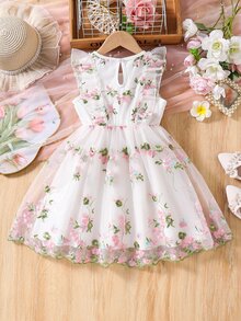 SHEIN X GALILEA Glamorique Kids 年轻女孩连衣裙，春假年轻女孩服装复活节连衣裙年轻女孩花连衣裙年轻女孩春季连衣裙 - 粉色 - 查看 3