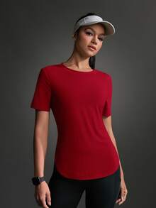 Powerista Women Sports Outdoor Solid Round Neck Short Sleeve Casual Exercise Athletic Top Sportswear Gym Workout Activewear For Fall - Red - View 7