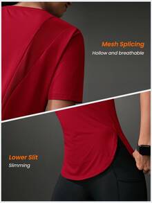 Powerista Women Sports Outdoor Solid Round Neck Short Sleeve Casual Exercise Athletic Top Sportswear Gym Workout Activewear For Fall - Red - View 15
