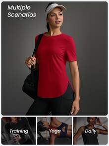Powerista Women Sports Outdoor Solid Round Neck Short Sleeve Casual Exercise Athletic Top Sportswear Gym Workout Activewear For Fall - Red - View 5