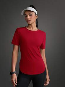 Powerista Women Sports Outdoor Solid Round Neck Short Sleeve Casual Exercise Athletic Top Sportswear Gym Workout Activewear For Fall - Red - View 12