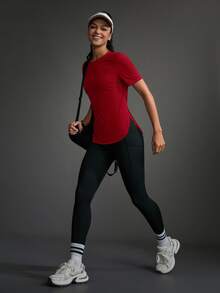 Powerista Women Sports Outdoor Solid Round Neck Short Sleeve Casual Exercise Athletic Top Sportswear Gym Workout Activewear For Fall - Red - View 6