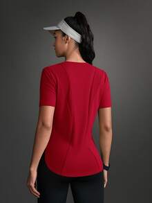Powerista Women Sports Outdoor Solid Round Neck Short Sleeve Casual Exercise Athletic Top Sportswear Gym Workout Activewear For Fall - Red - View 10