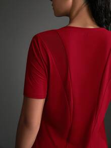Powerista Women Sports Outdoor Solid Round Neck Short Sleeve Casual Exercise Athletic Top Sportswear Gym Workout Activewear For Fall - Red - View 14