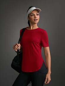 Powerista Women Sports Outdoor Solid Round Neck Short Sleeve Casual Exercise Athletic Top Sportswear Gym Workout Activewear For Fall - Red - View 9