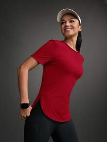 Powerista Women Sports Outdoor Solid Round Neck Short Sleeve Casual Exercise Athletic Top Sportswear Gym Workout Activewear For Fall - Red - View 11