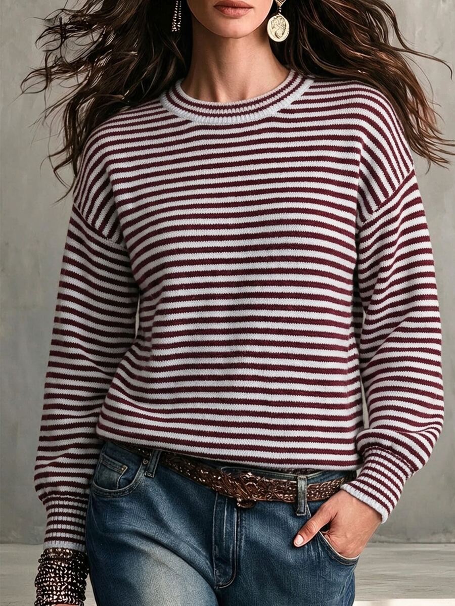 SHEIN Sweater Pullover Longgar Berkerah Bulat Motif Garis-garis Patchwork, Gaya Kasual Boho Musim Gugur/Musim Dingin Putih dan Merah Marun - Burgundy - View 1