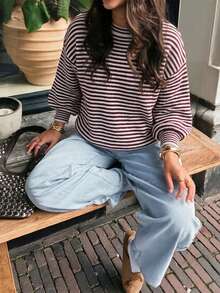 SHEIN Sweater Pullover Longgar Berkerah Bulat Motif Garis-garis Patchwork, Gaya Kasual Boho Musim Gugur/Musim Dingin Putih dan Merah Marun - Burgundy - View 6