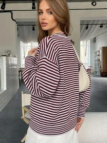 SHEIN Sweater Pullover Longgar Berkerah Bulat Motif Garis-garis Patchwork, Gaya Kasual Boho Musim Gugur/Musim Dingin Putih dan Merah Marun - Burgundy - View 2