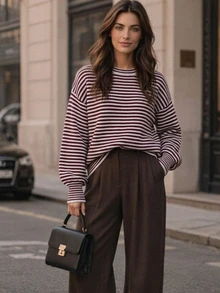SHEIN Sweater Pullover Longgar Berkerah Bulat Motif Garis-garis Patchwork, Gaya Kasual Boho Musim Gugur/Musim Dingin Putih dan Merah Marun - Burgundy - View 4