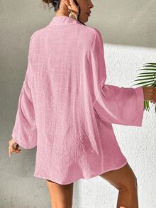 SHEIN Swim Basics Women's Solid Color Minimalist Long Sleeve Kimono Cover Up, Everyday Wear - Dusty Pink - View 2