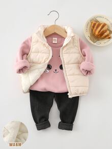 Cozy Pixies 女嬰卡通貓圖案針織柔軟圓領長袖套頭衛衣、抓絨背心、彈性腰修身長秋季褲 3 件套 - 淺粉色 - 查看 6