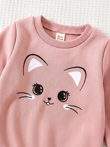 Cozy Pixies 女嬰卡通貓圖案針織柔軟圓領長袖套頭衛衣、抓絨背心、彈性腰修身長秋季褲 3 件套 - 淺粉色 - 查看 8
