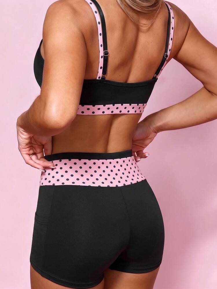 Sovereign Charm 2PCS Women's Spring/Summer Sports Set, Patchwork Polka Dot Print Spaghetti Strap With Adjustable Buckle And Removable Padding Sports Bra And Patchwork Polka Dot Print Mid-Waist Sports Shorts, Suitable For Casual Wear, Running, Yoga, Gym, Tennis, Golf - Multicolor - View 2