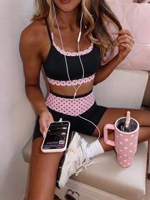Sovereign Charm 2PCS Women's Spring/Summer Sports Set, Patchwork Polka Dot Print Spaghetti Strap With Adjustable Buckle And Removable Padding Sports Bra And Patchwork Polka Dot Print Mid-Waist Sports Shorts, Suitable For Casual Wear, Running, Yoga, Gym, Tennis, Golf - Multicolor - View 4
