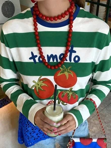 DrmWander 女款圓領長袖寬鬆版型綠白條紋番茄字母圖案印花休閒日常上衣 - 彩色 - 查看 5