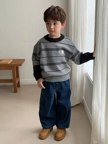 Hapijoa Young Boy Letter Patch Striped Crew Neck Long Sleeve Casual Sweater Winter - Grey - View 2