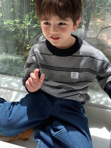 Hapijoa Young Boy Letter Patch Striped Crew Neck Long Sleeve Casual Sweater Winter - Grey - View 6