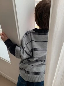 Hapijoa Young Boy Letter Patch Striped Crew Neck Long Sleeve Casual Sweater Winter - Grey - View 4