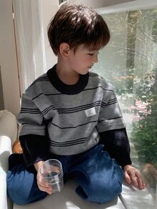 Hapijoa Young Boy Letter Patch Striped Crew Neck Long Sleeve Casual Sweater Winter - Grey - View 3