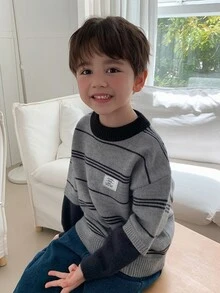 Hapijoa Young Boy Letter Patch Striped Crew Neck Long Sleeve Casual Sweater Winter - Grey - View 8