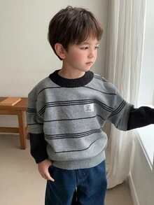 Hapijoa Young Boy Letter Patch Striped Crew Neck Long Sleeve Casual Sweater Winter - Grey - View 7