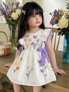 LMoss Kids Baby Girl Woven Floral Pattern Round Neck Ruffle Trim Contrast Bow Casual Dress - White - View 3