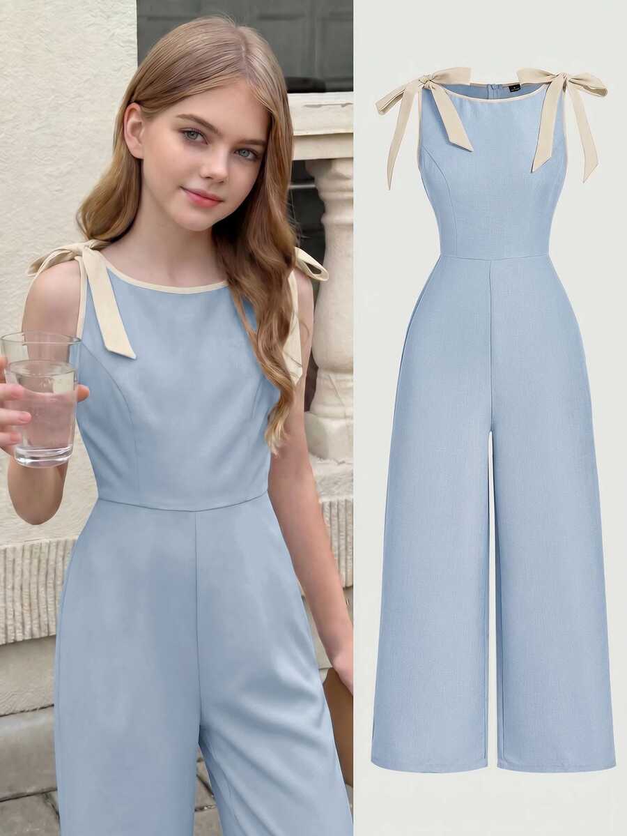 SHEIN Girlism 青少年女孩連身衣與連身褲 天藍色夏季優雅畢業圓領無袖連身褲,配對比色滾邊、蝴蝶結裝飾,復古風格 - 藍色 - 查看 1